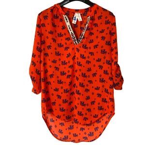 Society Girl Women’s Orange Blue Elephant V Neck Blouse